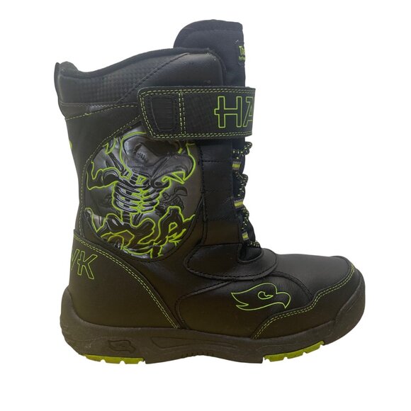 Hawk Boys Black/Neon Green Skull Detail  Lace-Up  Thermolite Insulated Boots Sz - Picture 1 of 10